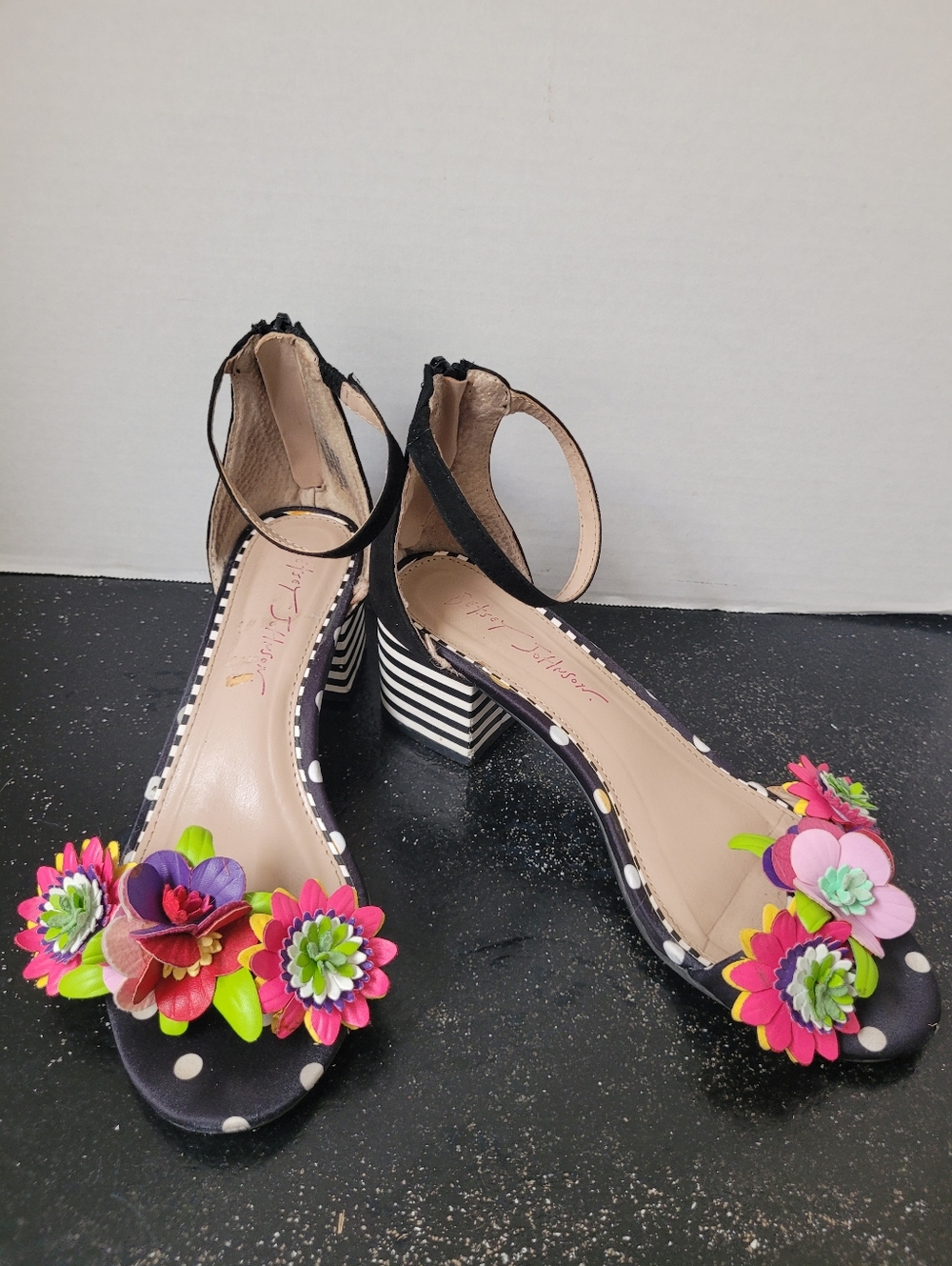 Betsey Johnson Black Floral Polka Dot Block Heel Sandals